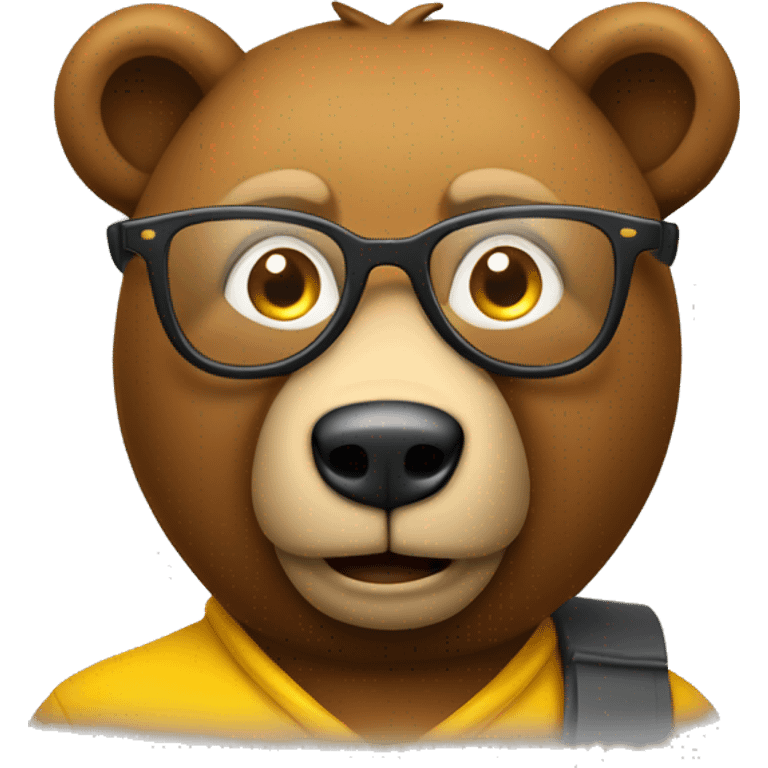 Apple emoji style brown bear animal as a university professor, wearing clear yellow plastic thick-rimmed glasses emoji