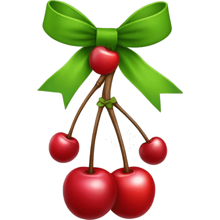 A gift bow with two short strings hanging down. From the center of the bow, two cherry stems with cherries dangle down, as if they are part of the bow emoji