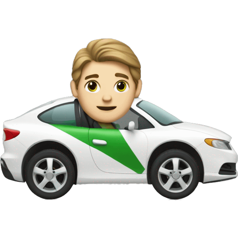 a white man with brown medium length hair and green eyes driving a white car emoji