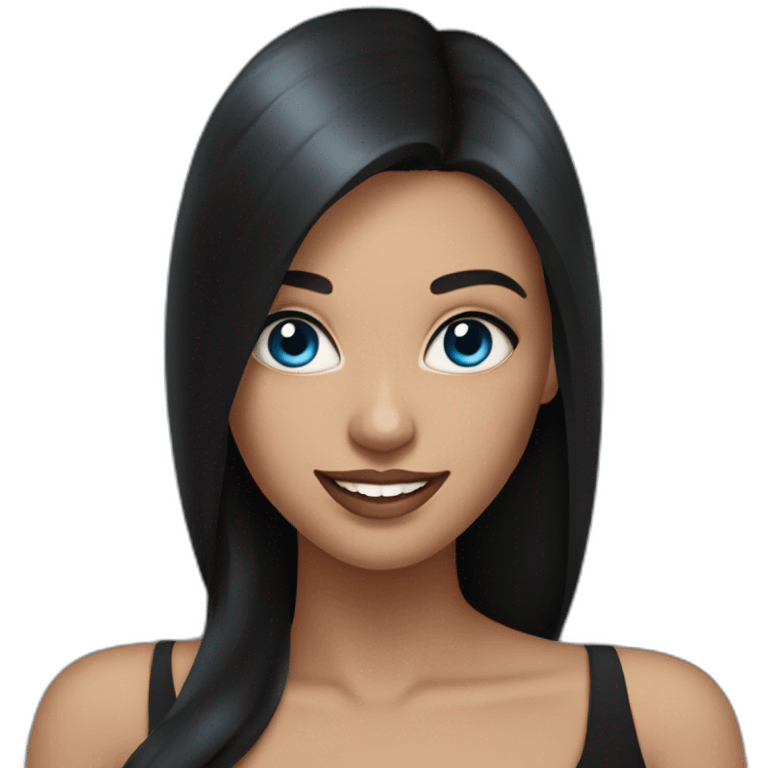 young woman with blue eyes, dark long straight hair, big nude lips, big smile, black dress emoji