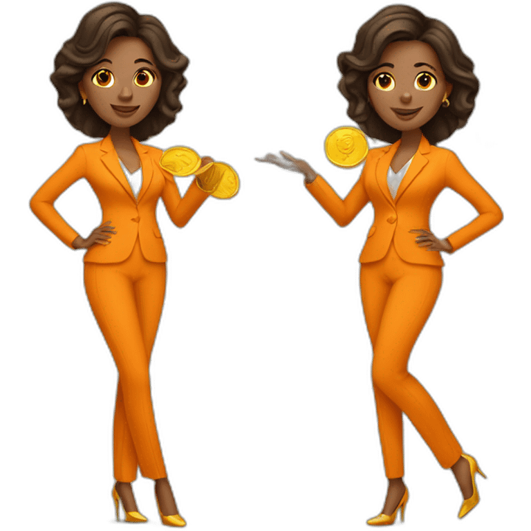 Posh-woman-with-orange-suit-holding-golden-coins emoji