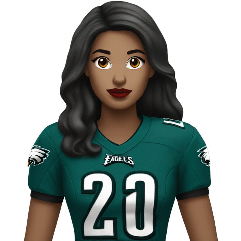 White female long dark hair red lips wearing Philadelphia Eagles jersey emoji