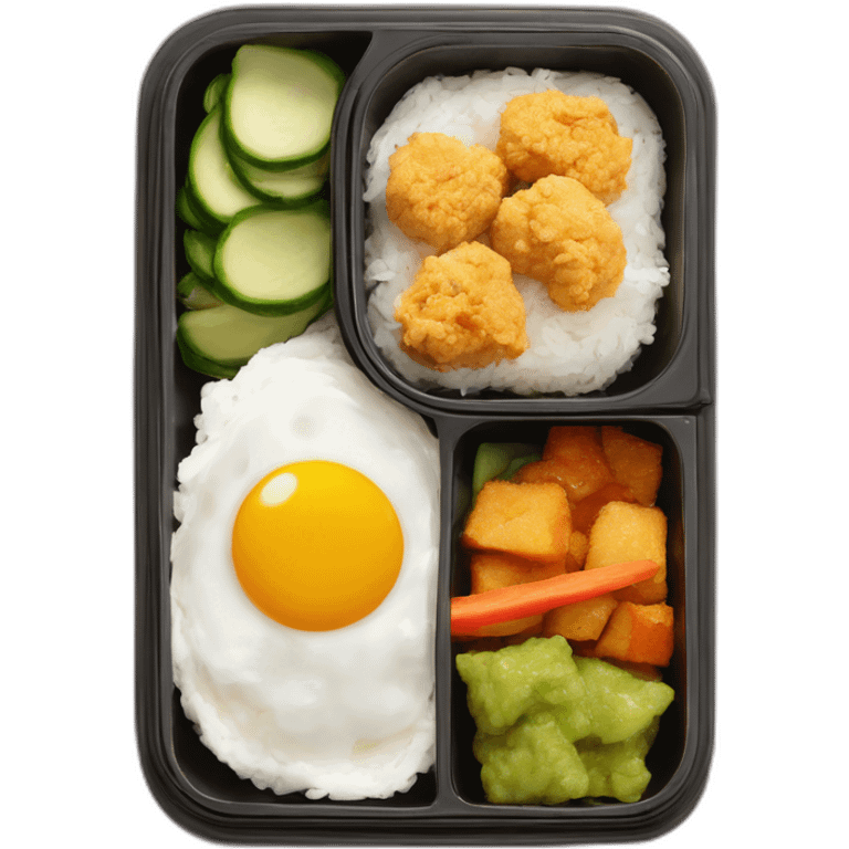 bento with oval container, white rice on the right, karaage, japanese egg omelet, and veggies on the left emoji