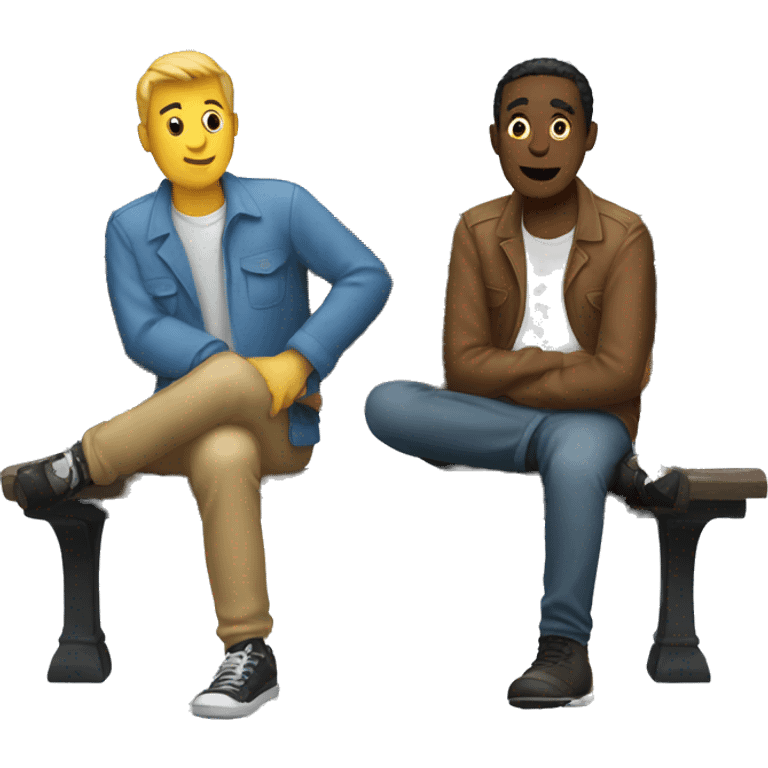 Two guys sitting on  a bench talking  emoji