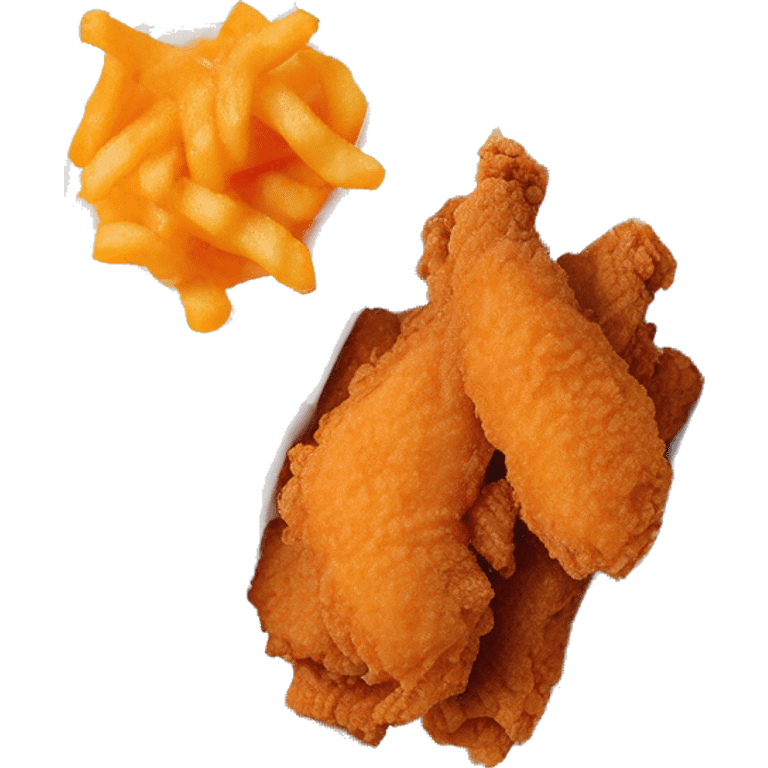 3 chicken tenders with crinkle fries and orange sauce on the side in a styrofoam container styrofoam container emoji