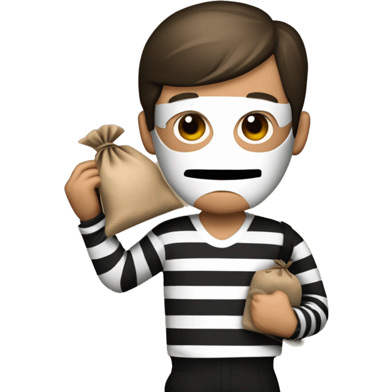 Bank robber wearing black and white striped shirt black eye face mask and holding a brown sack over the shoulder that has the dollar symbol emoji