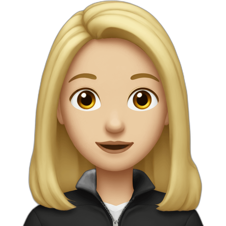 A girl with brown eyes and blond long hair in a black golf and a black jacket emoji