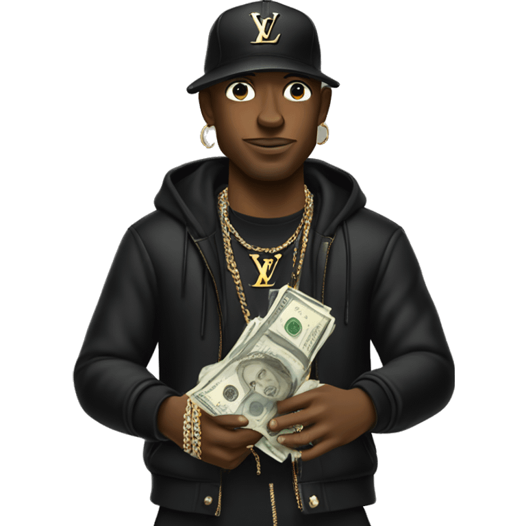 Rapper in black louis vuitton flexing money emoji