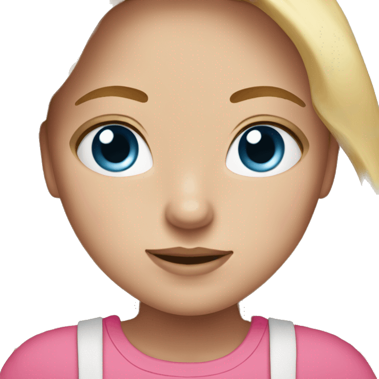 a girl with freckles and blue eyes, blonde hair and dark roots. pink clothes emoji