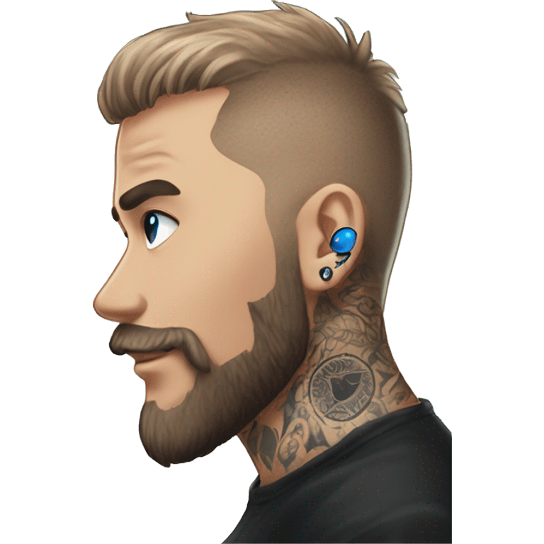 Man with Light brown hair, neck tattoos, arm tattoos, mustache and beard, blue eyes, silver nose piercing hoop, black anime graphic tee emoji