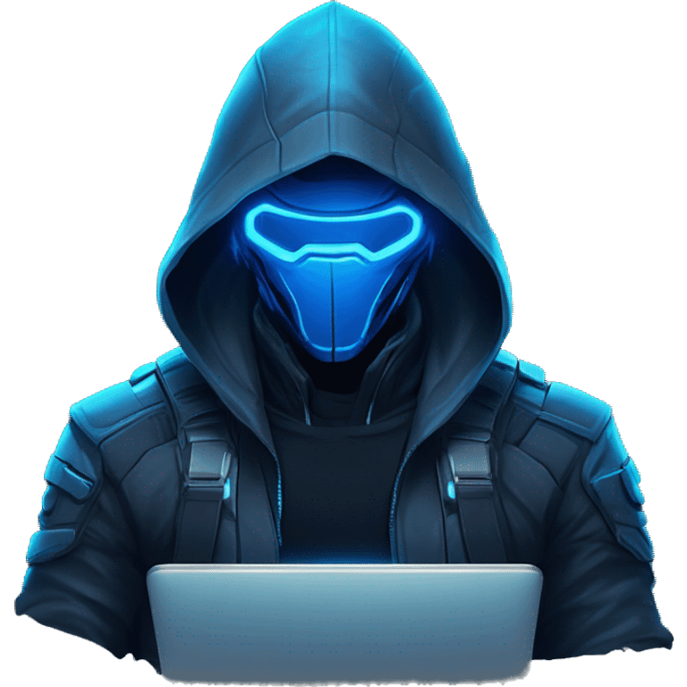 developer behind his laptop with this style : crysis Cyberpunk Riot Games Valorant neon glowing bright blue character blue black hooded assassin themed character emoji