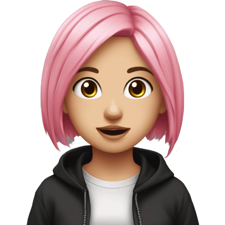 Front view curvy emo girl pink hair sits on the floor straight view hands up black skirt полосатые рваные чулки emoji