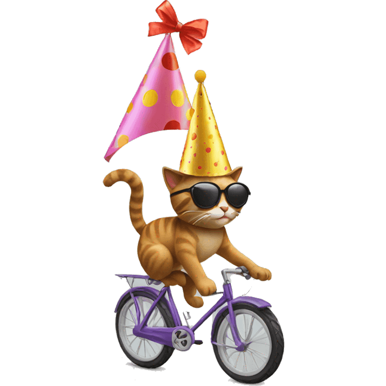 cat riding a bike wearing sunglasses and a birthday hat emoji