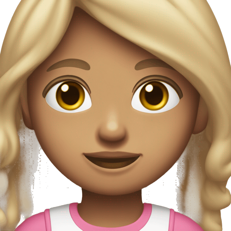 Chica delgada piel blanca, pelo marron liso hasta los hombros con camiseta rosa claro emoji