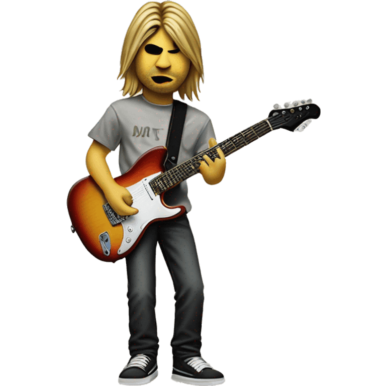 Kurt Cobain is holding an electric guitar, which is a fender brand that only shows itself on the top of the sheet
 emoji