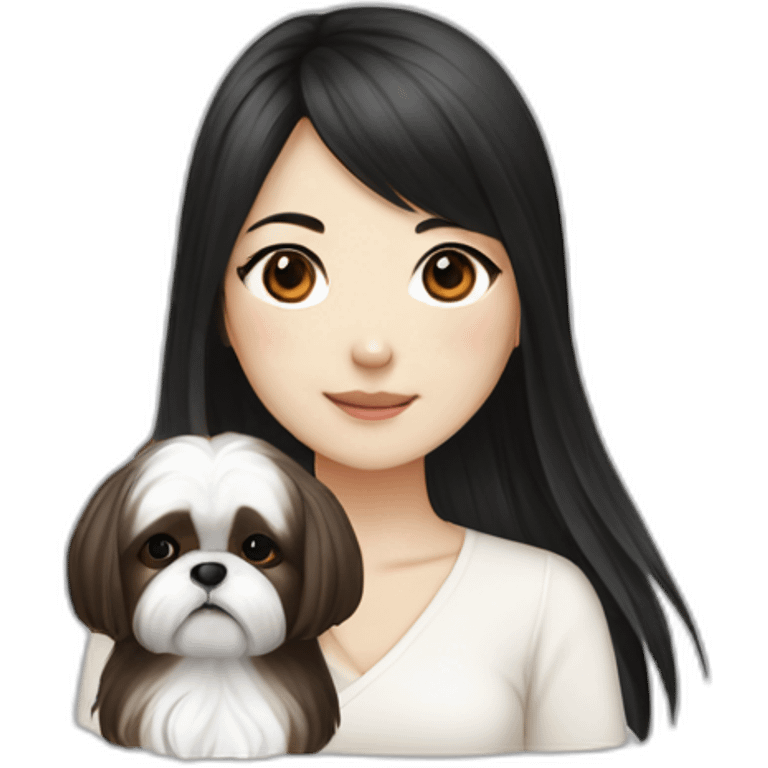 long black hair korean girl with shih tzu in white and brown emoji