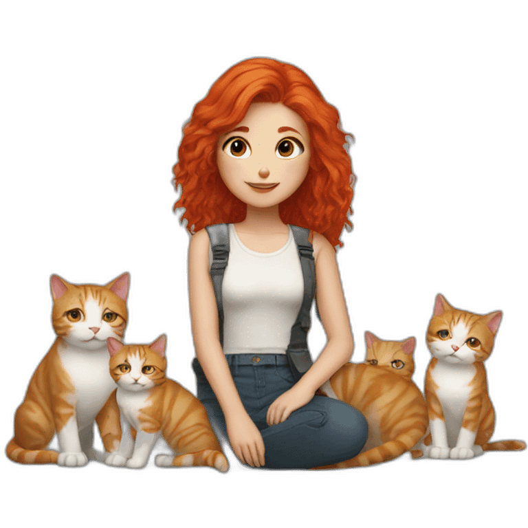 red haired girl with manu cats around emoji