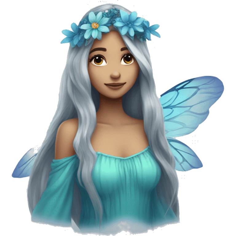 Beautiful, flower, fairy, blue, turqoise, silver, navy, long hair, big wings emoji