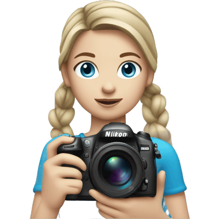 Girl with dark blonde loose ponytail and BLUE eyes Holding a Nikon Camera in her hands emoji