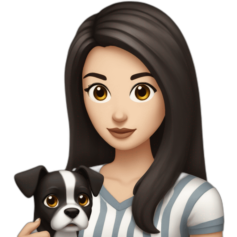 White women with long dark brown hair and long eyelashes dark brown eyes and thick dark brown eyebrows with the black dog with a white stripe on the neck and ears raised up emoji