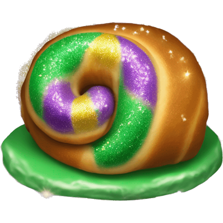 Realistic isolated cinamon roll Mardi Gras King Cake with glitter icing. emoji