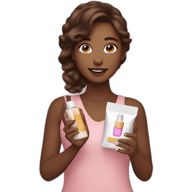 brown-haired girl holding cosmetic products in her hands emoji