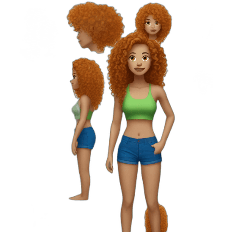 Curly Ginger woman, green crop top, blue shorts, light skin emoji