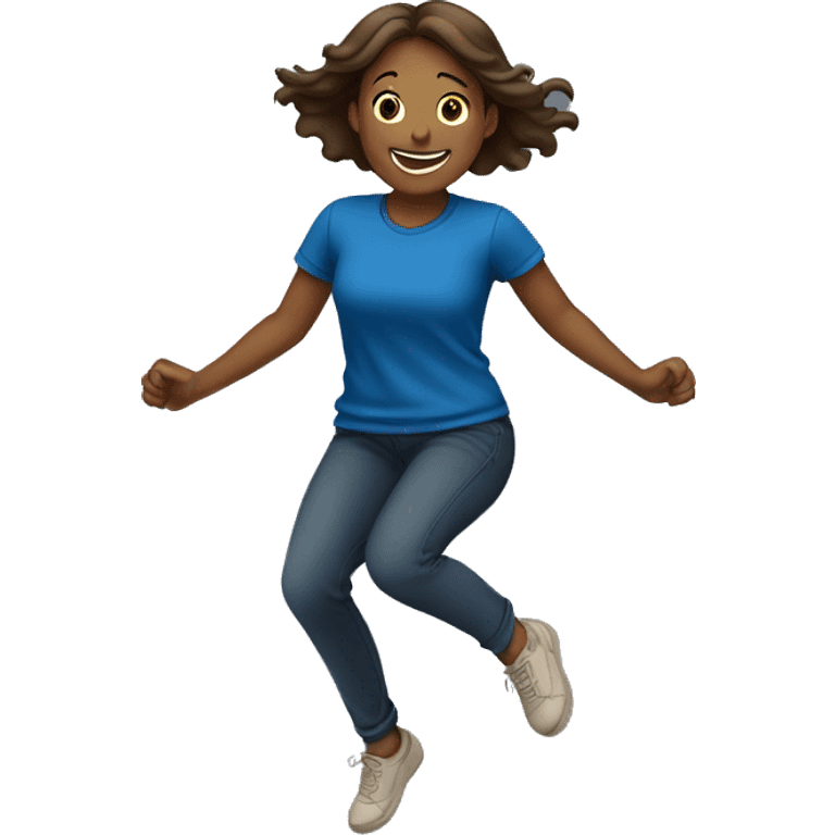 Girl jumping in celebration, showing her from behind, just from the hips to the head, light dark skin and brown hair and dark blue T-shirt emoji