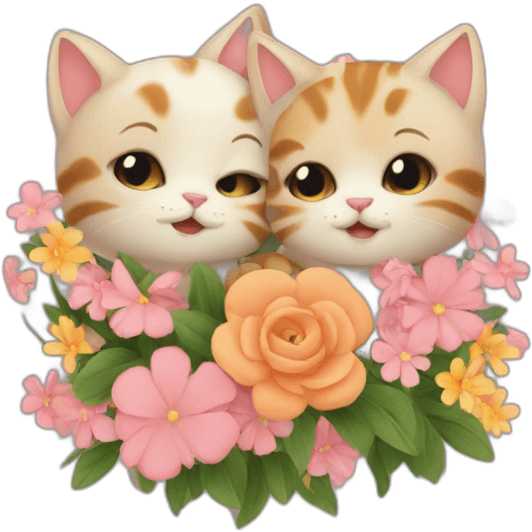 Cute cats hugging with flowers emoji