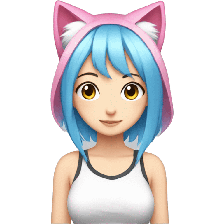 anime girl, cat ears, different eye colors, one white eye,  blue hair, pink hair emoji