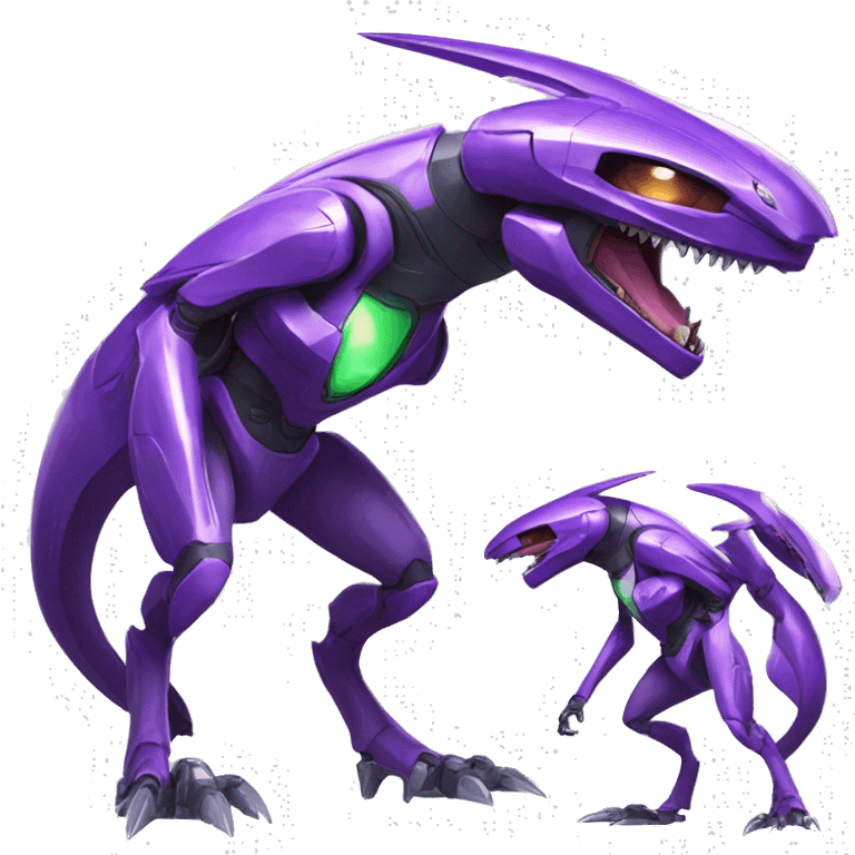 a shiny purple Genesect-Raptor-Fakémon—hybrid with a futuristic visor-helmet full body emoji