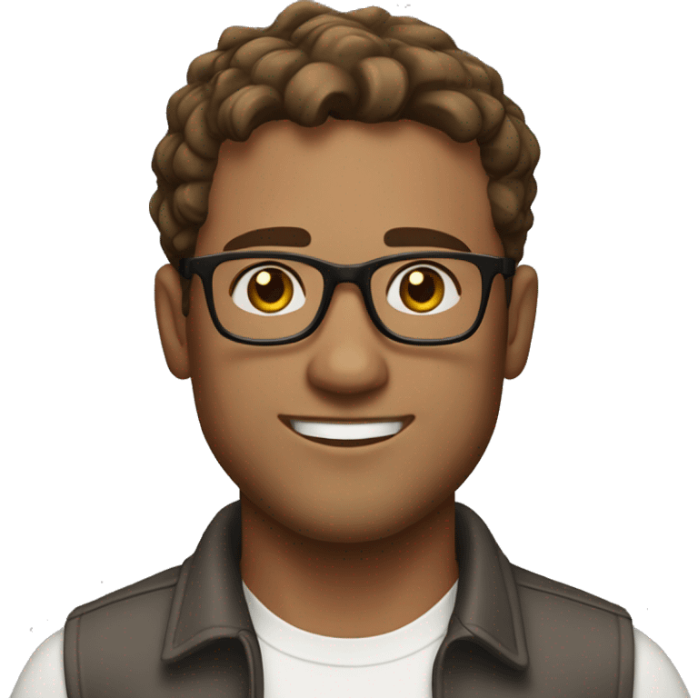 32 year old man, oval face, brown hair, glasses, brown eyes, white skin, white shirt, short hair
 emoji