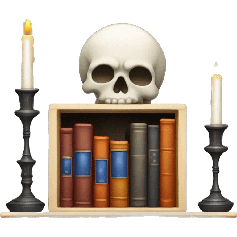 bookshelf with candlestick and skull emoji