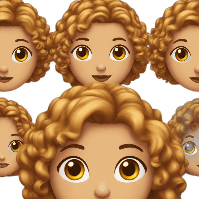 cheveux bouclés couleur aubrun, visage rond, levres pulpeuses, yeux en amande et marron clair, sourcils épais emoji