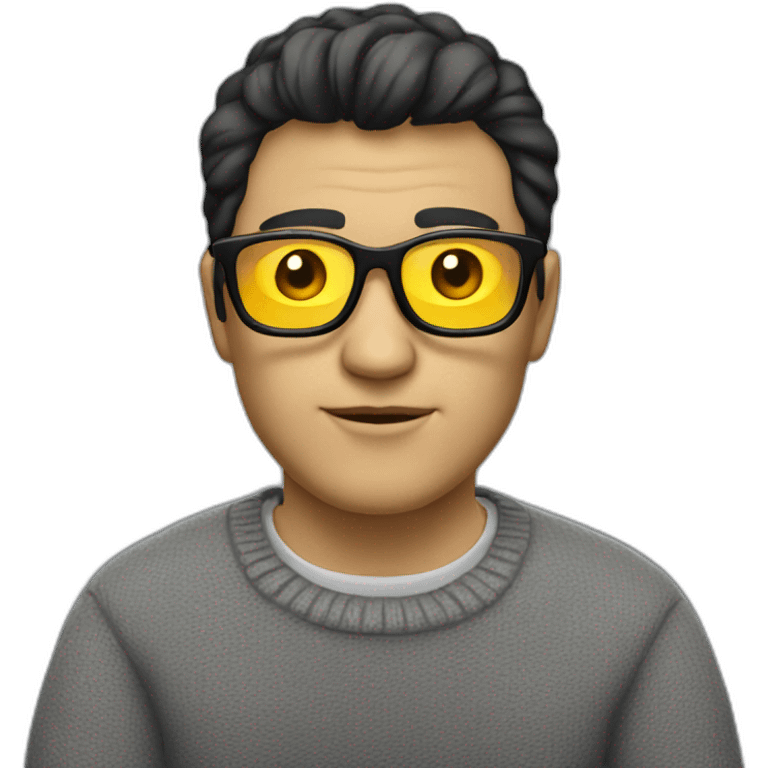 White man with yellow tinted glasses and black hair in a gray jumper and sitting on a chair emoji