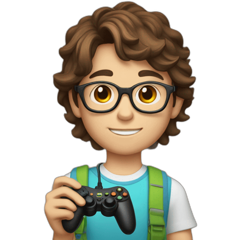 A 12-year-old boy with brown hair and glasses holds a joystick in his hands emoji