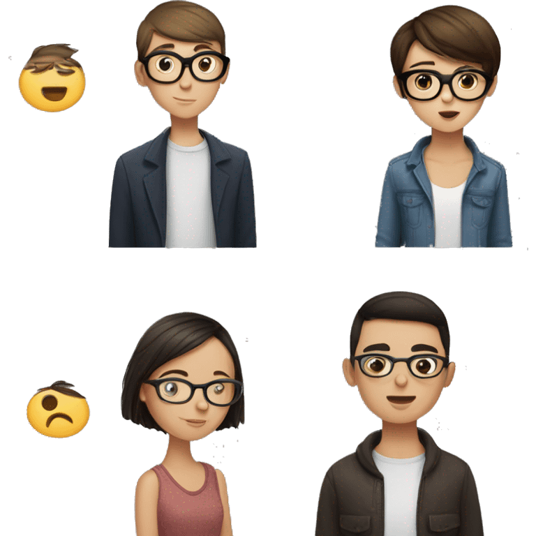 girl with short straight brown hair and square glasses kissing a boy with short dark brown hair and round glasses emoji