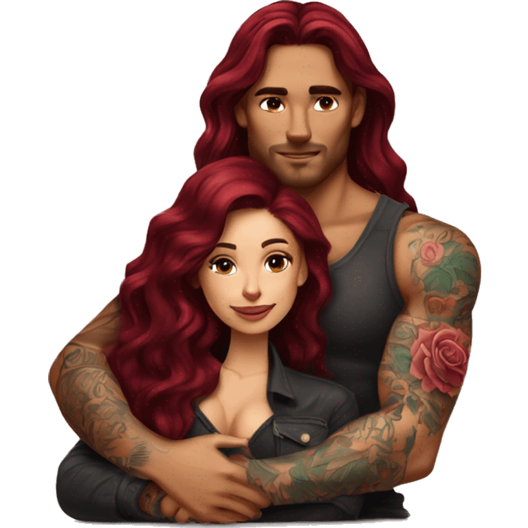 Beautiful tattooed burgundy long haired woman laying on the boyfriends chest emoji