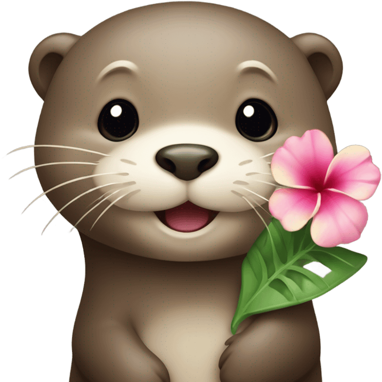 A happy and cute otter face with a Hawaiian flower tucked behind its ear, holding a heart. emoji