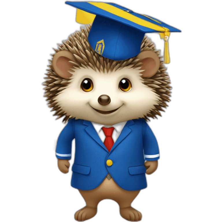 A hedgehog student in a suit in the color of the Ukrainian flag in a square academic cap emoji