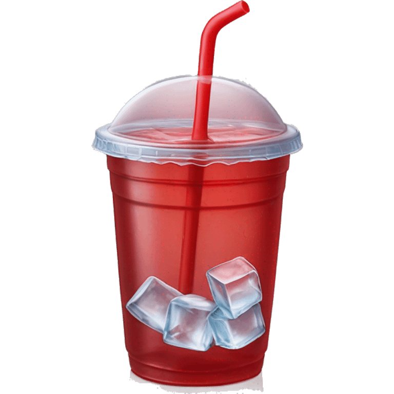 Realistic plastic cup and lid with Transluscent red soda and large ice cubes inside and one straw through the top of the lid. emoji