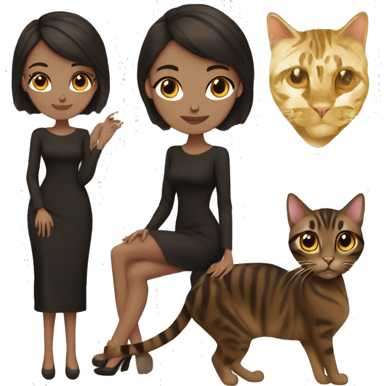 Beautiful skinny woman long dark brown hair in dark dress with gold earrings hug bengal cat emoji