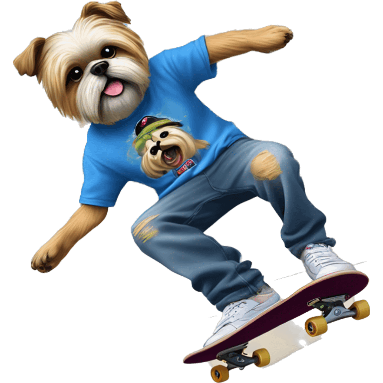 shi tzu wearing jnco jeans and limp bizkit graphic tee while skateboarding and doing a kickflip emoji