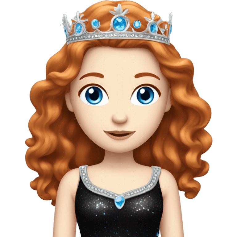 Beautiful girl with long wavy redhair, pale skin and bright blue eyes. She wears a sparkly black dress and a silver crown  emoji