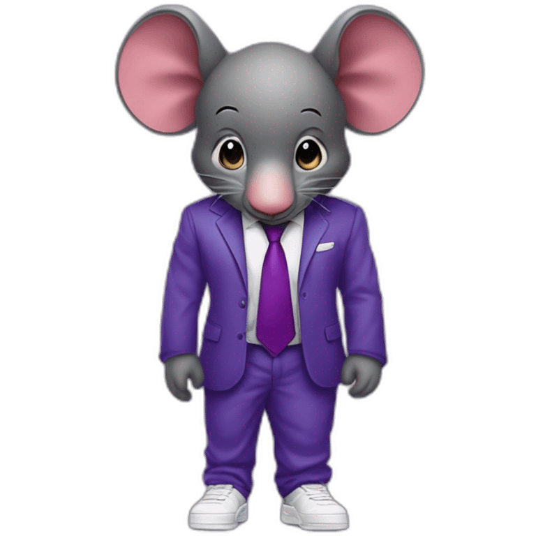 raton tipo real gigante de cuerpo entero con traje de etiqueta y tenis jordan air force y orejas de elefante morado emoji