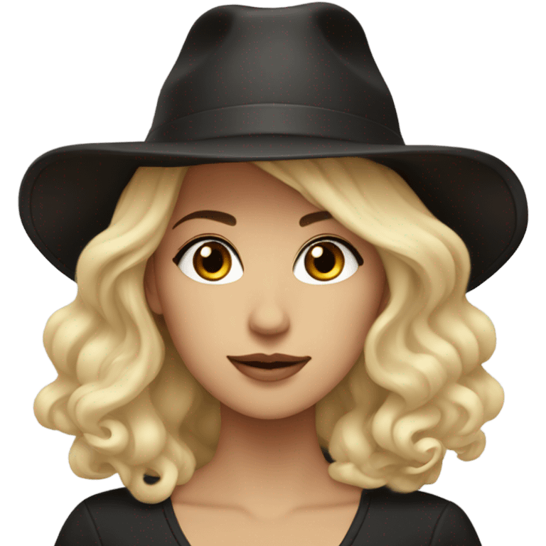 Pretty blonde woman, brown eyes, fluffy black hat emoji