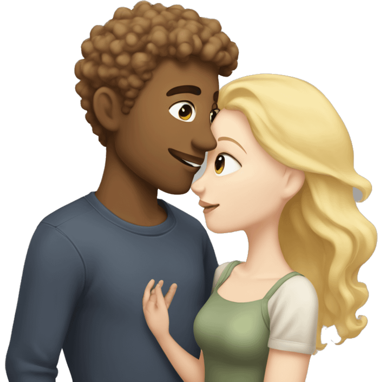 A blonde girl with pale skin kisses a light-skinned brown guy with dark curly hair emoji