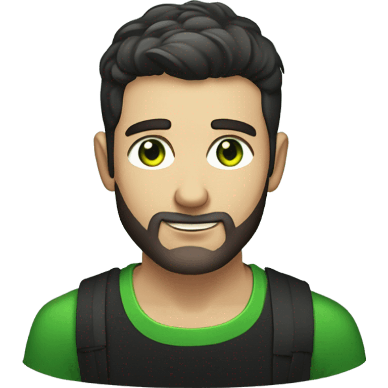 Handsome man with dark hair, in front of a keyboard, gradient short hair on the side, green eyes. Thin face. Black t-shirt. A little beard. emoji