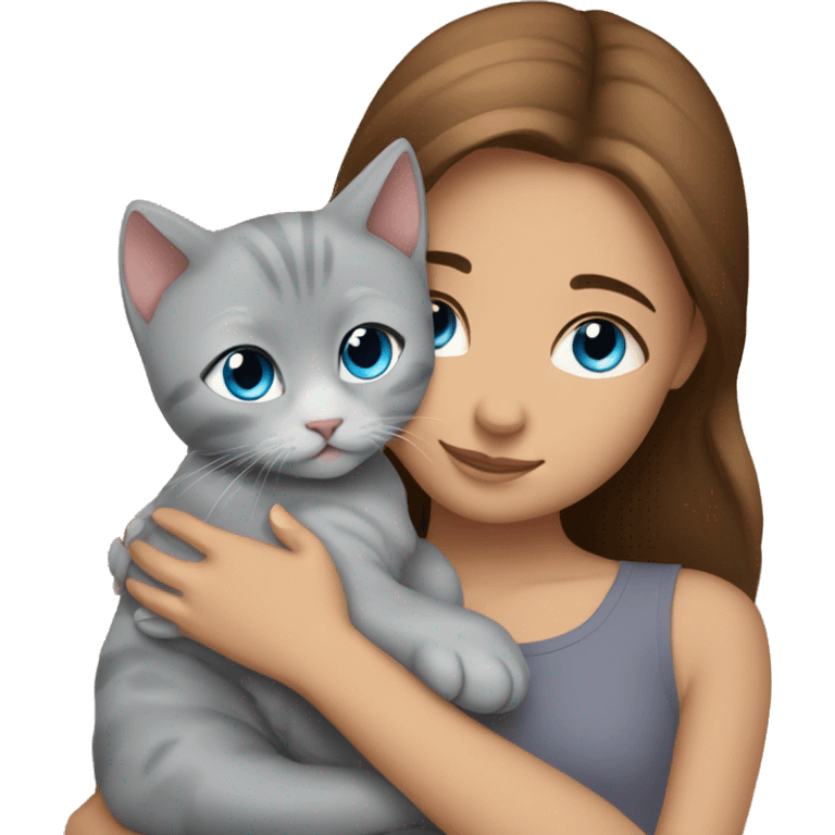 blue eyes grey kitten with two brown hair girls hugs emoji