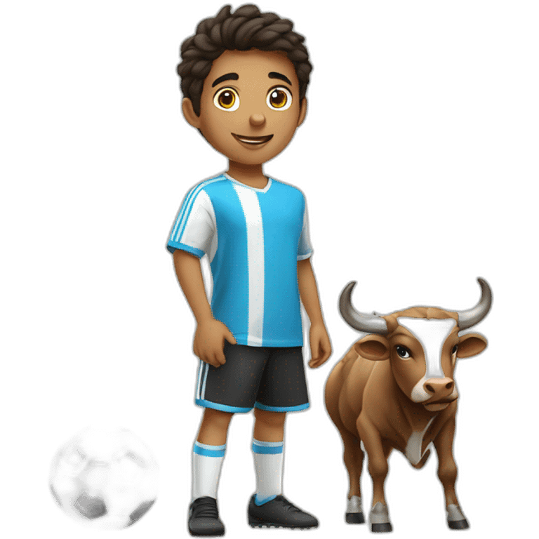 Arab boy playing soccer, a bull stand beside him emoji